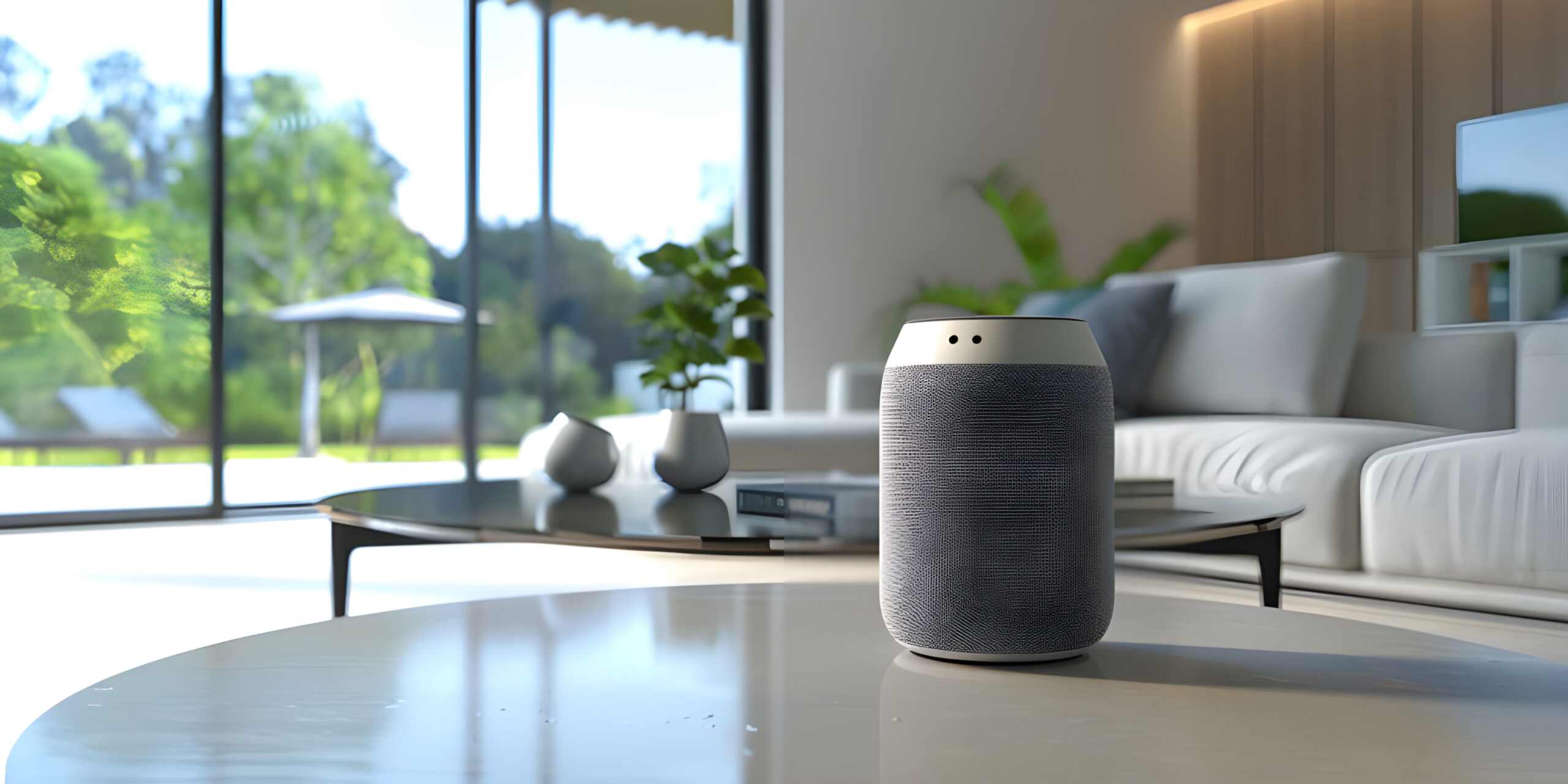 Smart AI Speaker on table in modern room background - Ai Generated
